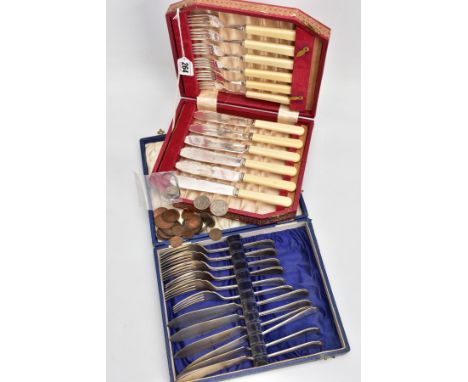TWO CASED SETS OF FISH KNIVES AND FORKS AND A BAG OF LOOSE COINS, the first set of six placement EPNS fish knives and forks, 