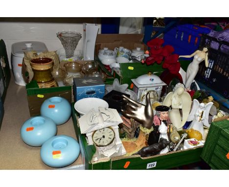 THREE BOXES AND LOOSE CERAMICS, GLASSWARES, ETC, to include an Aynsley Portlandware clock, novelty salt and pepper pots in th