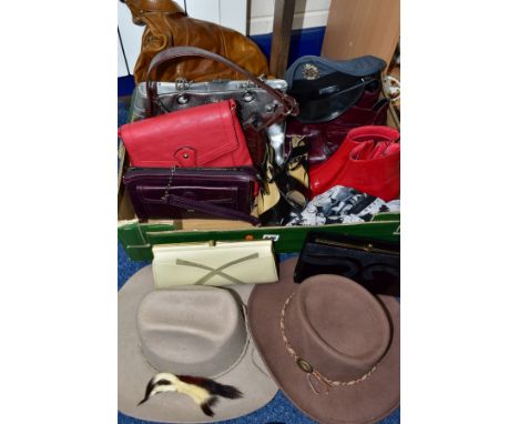 A BOX OF HANDBAGS, HATS, SHOES, ETC, to include Tula Julian McDonald, Marks and Spencer and other handbags, seven in total, a