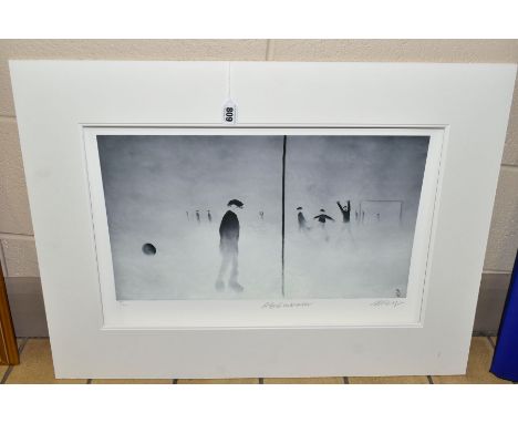 MACKENZIE THORPE (BRITISH 1956) 'A GOAL IN WINTER', a signed limited edition print with certificates, mounted, unframed, appr