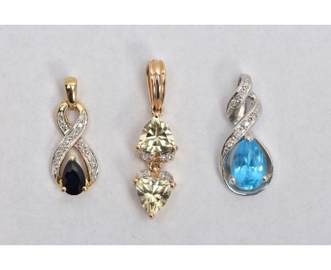 THREE GEM SET PENDANTS, the first set with two triangular cut green stones assessed as topaz, interspaced with single cut dia