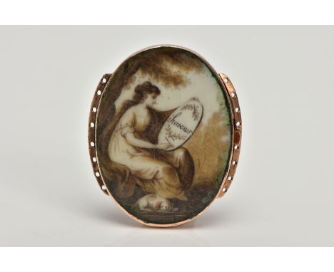 AN EARLY VICTORIAN MEMORIAL BRACELET CLASP, of an oval form, hand painted portrait of a lady sitting beside a tree holding a 