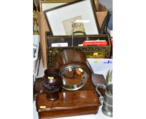 A BOX AND LOOSE PICTURES, CLOCK, METALWARE AND SUNDRY ITEMS to include a 20th Century mantel clock (no key), a brass covered 