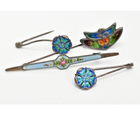 FOUR ARTS AND CRAFTS BROOCHES, to include two 'Pearce &amp; Son' silver brooches, each with a blue and green enamelled Tudor 