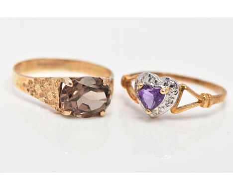 TWO 9CT GOLD GEM SET DRESS RINGS, the first designed with a four claw set, oval cut Smokey quartz approximately 9.9mm x 7.9mm