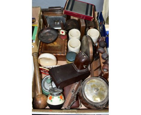 A BOX OF VINTAGE TREEN, METALWARES, BAKELITE ITEMS, ETC, to include a Smiths Sectric electric mantel clock, a rack of wooden 