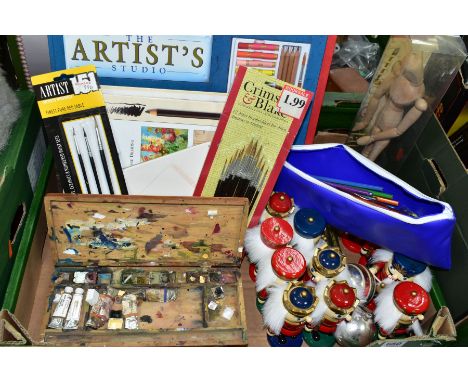 A BOX OF ARTISTS MATERIALS, CHRISTMAS DECORATIONS, etc, including two vintage glass baubles, eleven modern painted wooden nut