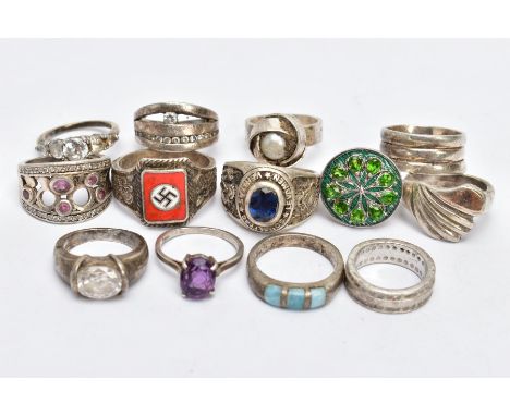 A BAG OF ASSORTED WHITE METAL RINGS, thirteen rings in total, some set with paste or semi-precious gemstones, some with marks