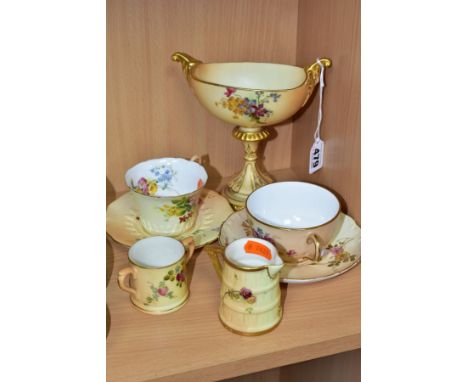 SEVEN PIECES OF ROYAL WORCESTER BLUSH IVORY ITEMS, all pieces printed and tinted with floral sprays, comprising a twin handle