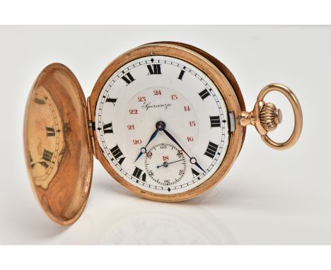 A YELLOW METAL FULL HUNTER POCKET WATCH, round white dial, Roman numerals with an inner dial of red Arabic numerals, seconds 