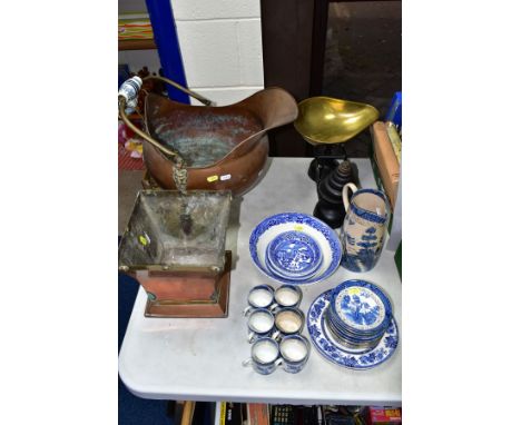 A GROUP OF CERAMICS, METALWARES AND PICTURES comprising twenty one pieces of Willow pattern tea/dinnerwares by makers includi