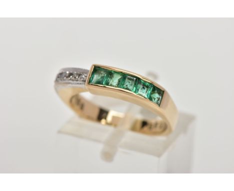 A YELLOW METAL EMERALD AND DIAMOND RING, half eternity style ring, with one half set with five square cut emeralds, the other