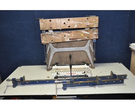 AN AXMINSTER TOOLS DOVETAILING JIG (missing screw), two sash cramps and a vintage workmate