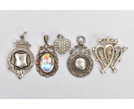 FIVE PIECES OF JEWELLERY, to include a silver fob of a circular form, vacant cartouche, fitted with a suspension loop, hallma