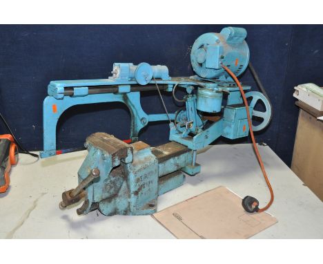 A POWER SAW, VICE AND GRINDER, a Record No.112 Engineers Vice, with 6in jaws along with a bespoke metal cutting saw for use w