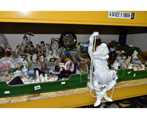 FOUR BOXES AND LOOSE CERAMIC ORNAMENTS AND COLLECTORS PLATES, to include clown on a swing hanging planter, approximately thir