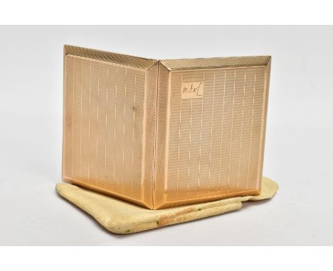 A 9CT GOLD CIGARETTE CASE, rectangular form, engine turned design with an engraved cartouche to the top left hand corner, sli