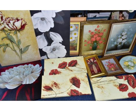 PAINTINGS AND PRINTS ETC, to include late 20th century oils on canvas still life studies, signed E.Jones, Robert Cox, S.Leigh