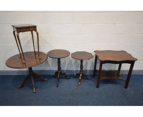 FIVE VARIOUS OCCASIONAL TABLES, to include a Victorian mahogany octagonal tripod table, another tripod table, a wavy top rect