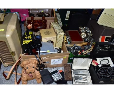 TWO BOXES AND LOOSE SUNDRY ITEMS ETC, to include a Singer 185K sewing machine, vintage Beamu Violet Ray treatment machine, Co