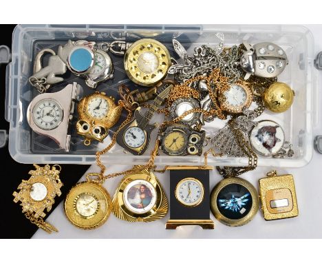 A SMALL BOX OF COSTUME POCKET WATCHES AND MINIATURE CLOCKS ETC, to include pendant watches, two key ring watches, a cuckoo cl