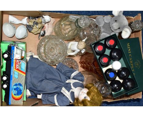 A BOX OF GLASS, CERAMICS AND SUNDRY ITEMS, to include a Czechoslovakian Tatra 815 GTC lorry with box, a collectors doll marke