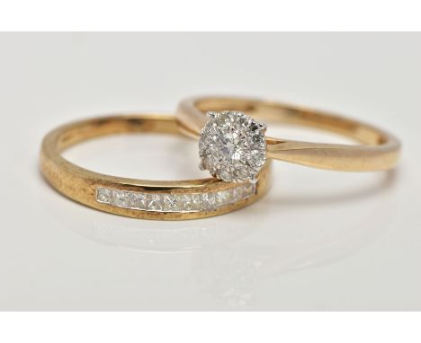 A 9CT GOLD DIAMOND WEDDING SET, to include a diamond cluster ring, set with ten round brilliant cut diamonds, stamped diamond