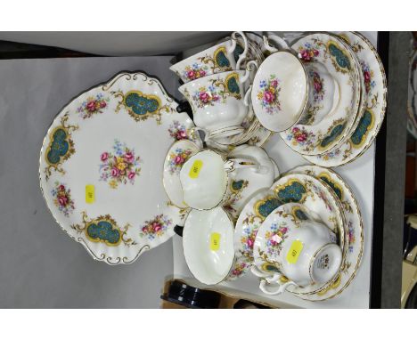 ROYAL ALBERT BERKELEY TEA WARES, comprising six cups, saucers and side plates, milk jug, open sugar bowl and twin handled ser