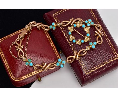 A YELLOW METAL TURQUOISE AND SEED PEARL BRACELET AND A BROOCH, the bracelet with openwork links, interspaced with turquoise a