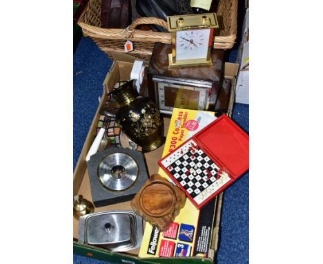 A BOX AND A BASKET OF CLOCKS, METALWARES, household sundries, modern walking stick, desk barometer, travelling chess set, lad