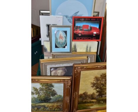 A QUANTITY OF PAINTINGS AND PRINTS ETC, to include a pair of P.Wilson oil on canvas landscapes, Kay Larkman oil on board land