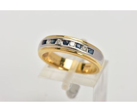 AN 18CT GOLD DIAMOND AND SAPPHIRE HALF ETERNITY RING, designed with a row of five circular cut blue sapphires, interspaced wi