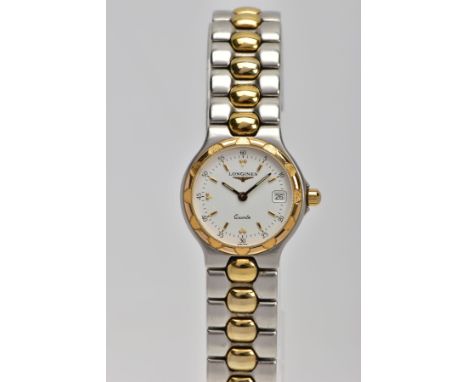 A LADIES 'LONGINES' QUARTZ WRISTWATCH, round white dial signed 'Longines, quartz', baton markers, date window at the three o'
