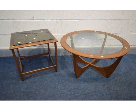 A G PLAN ASTRO CIRCULAR COFFEE TABLE with a glass insert diameter 84cm x height 45cm, and a similar tile top occasional table