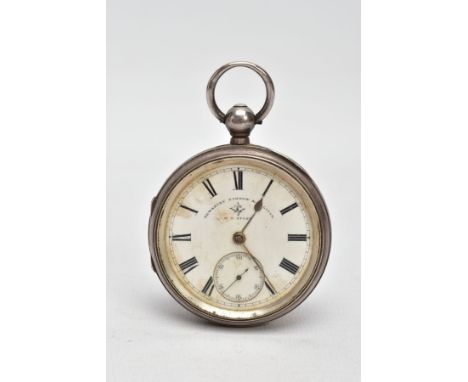 A SILVER OPEN FACE POCKET WATCH, round white dial signed 'Dewsbury Barrow &amp; Halifax W.T Story', Roman numerals, seconds s