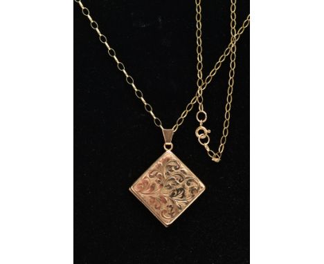 A 9CT GOLD LOCKET PENDANT NECKLACE, the locket of a square form, decorative floral design, hallmarked 9ct gold Birmingham, fi