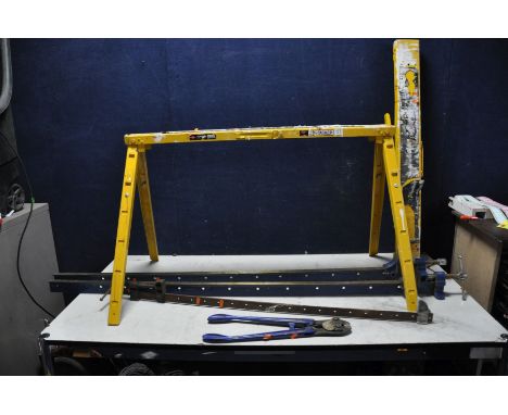 TWO NUTOOL 5ft LONG SASH CRAMPS, another Sash cramp, a pair of Brennenstuhl folder metal saw horses, and a set of Record 18in