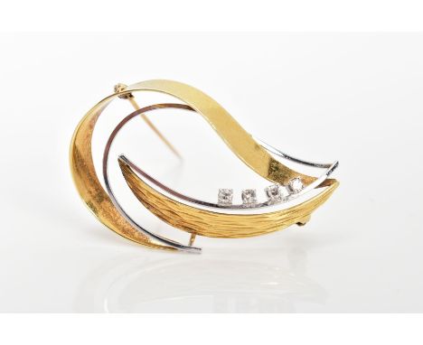 A BI-COLOUR 14CT GOLD DIAMOND BROOCH, open work design set with four single cut diamonds, fitted with a brooch pin, hallmarke