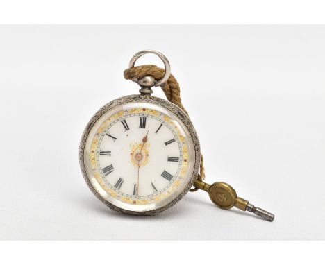 A LADIES OPEN FACE POCKET WATCH, round white dial, decorated with a yellow and white metal pattern to the rim of the dial, Ro