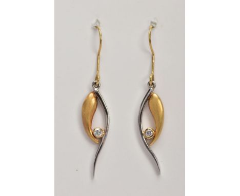 A PAIR OF BI-COLOUR 18CT GOLD, DIAMOND DROP EARRINGS, each openwork drop made of yellow and white gold, set with a single col