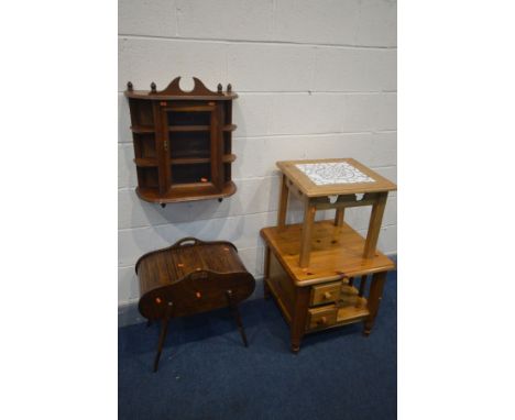 A MAHOGANY TAMBOUR SEWING BOX with contents, a pine occasional table with two drawers, a pine table with tile effect insert, 