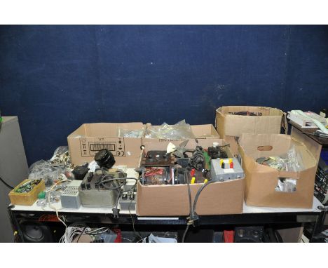 FIVE TRAYS CONTAINING VINTAGE ELECTRICAL AND ELECTRONIC PARTS including, fans, motors, resistors, capacitors, switches, multi