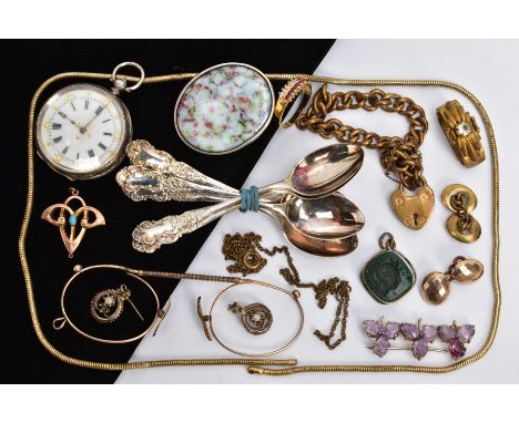 A SELECTION OF ITEMS, to include a ladies open face pocket watch, round white dial with gold detailing to the surround, Roman