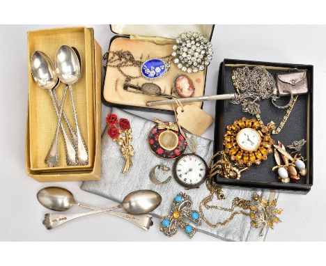 A BAG OF ASSORTED ITEMS, to include a set of six silver teaspoons, each with a gadrooned rim, hallmarked 'Hilliard &amp; Thom