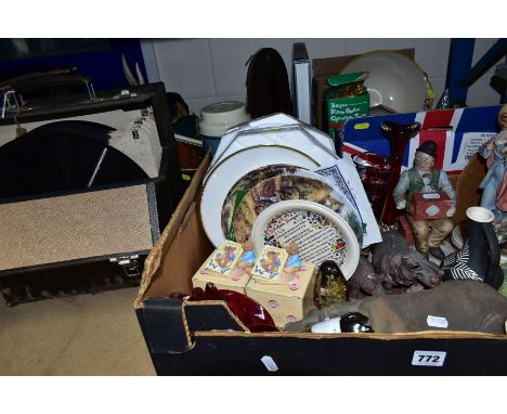 THREE BOXES OF CERAMICS, GLASSWARE, METALWARE, ETC, AND A CASE OF 78'S, to include Capodimonte figures, s.d., Collectors plat