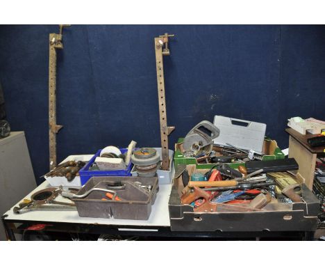 SIX TRAYS CONTAING HAND AND VINTAGE POWER TOOLS  including a digital vernier caliper, spanners, sockets, a Wolfcraft Dovetail