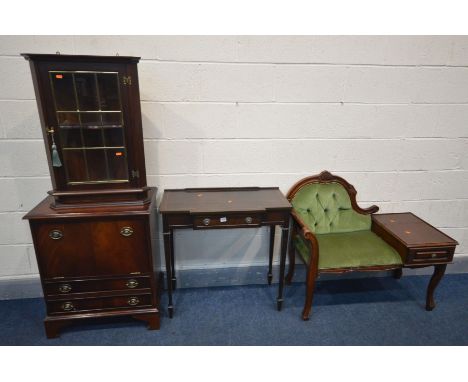 FOUR VARIOUS PIECES OF MAHOGANY FURNITURE, to include a telephone table/seat (this item does not comply with the Furniture an