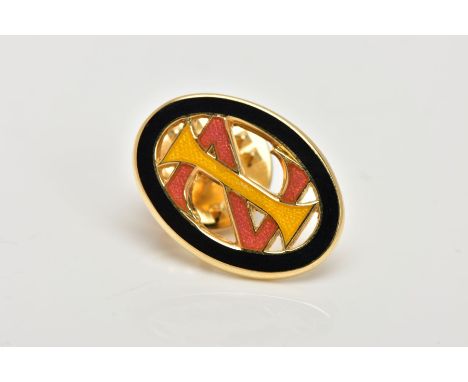 A YELLOW METAL ENAMELLED MONOGRAM PIN, of an oval openwork form, decorated with black, yellow and red enamel, length 20.6mm, 