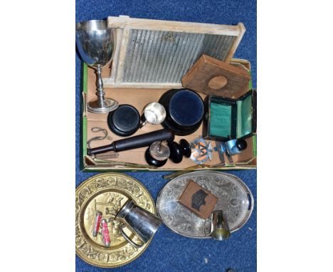 A BOX OF METALWARES AND OTHER VINTAGE ITEMS, to include a plated trophy, unengraved, made by The Potosi Silver Co, Birmingham