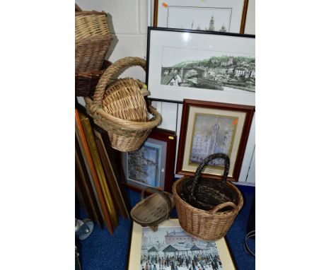 A QUANTITY OF PICTURES AND BASKETS to include six baskets and a small wooden trug, length 26cm, fourteen pictures to include 